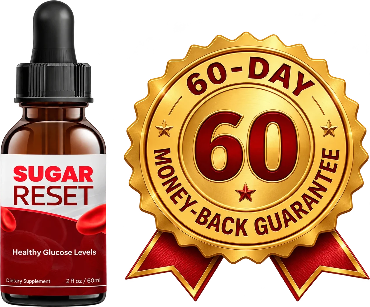 SugarReset bottle with its 60-day money-back guarantee